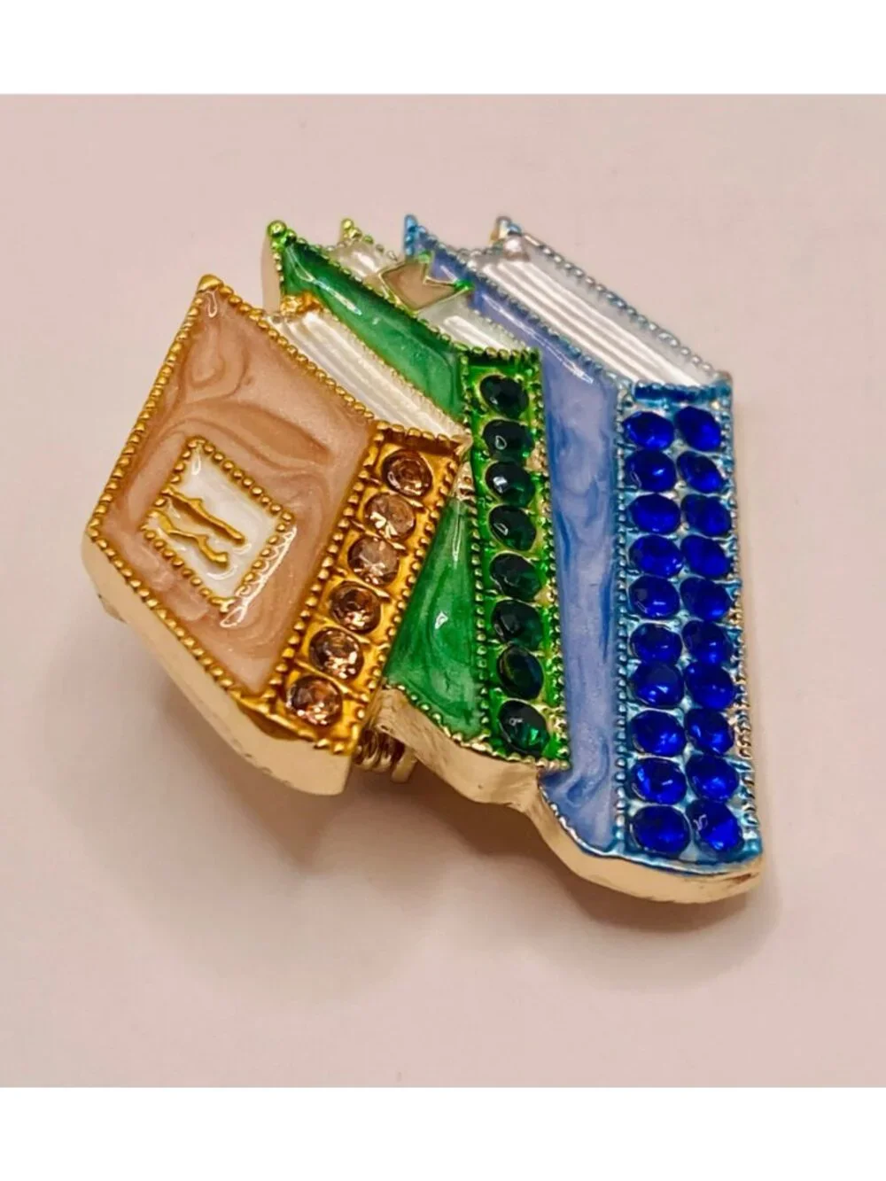 Stacked Books Enamel & Rhinestone Gold-Tone Brooch Pin Multicolor -26B
